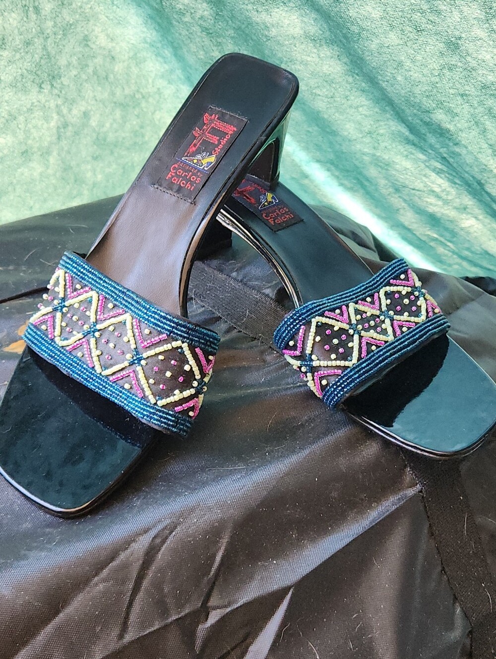 Carlos Falchi Black Beaded Slide Sandals with Blue Accent